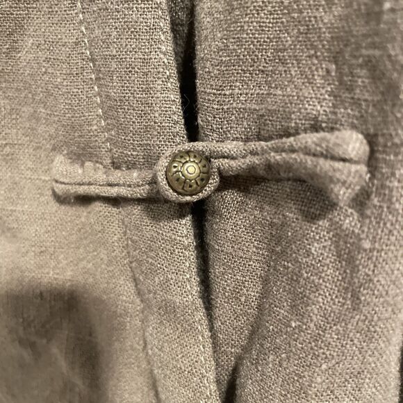 Unique Tan Linen Jacket Coat Asymetric Frog Closure Lagenlook Vintage M/L - Picture 9 of 12
